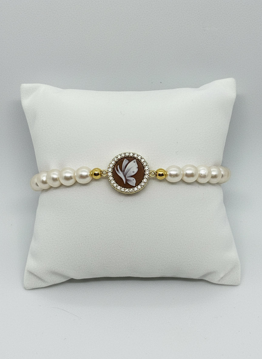 Bracciale in Perle e Cammeo incisione "Fiore"