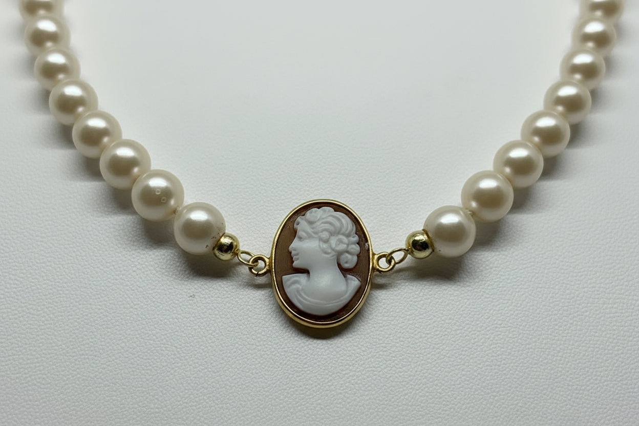 Collana in Perle e Cammeo incisione "Profilo di Donna"