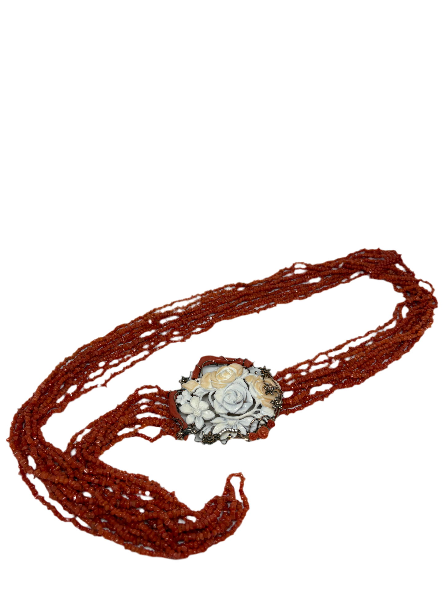 Collana in Corallo Rosso con Cammeo incisione Fiori
