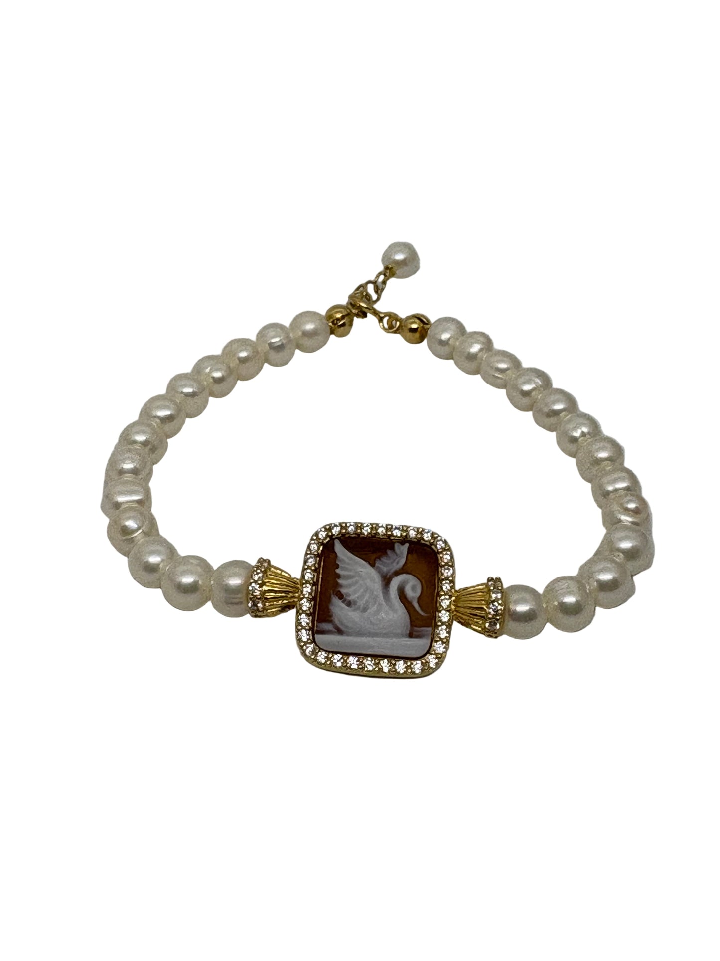 Bracciale in Perle e Cammeo incisione "Cigno"