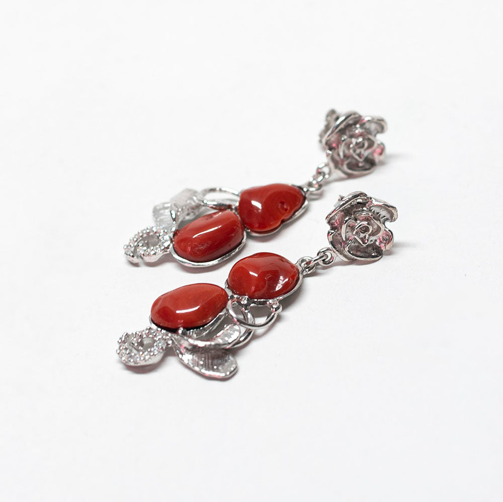Red Coral and Zircon Earrings