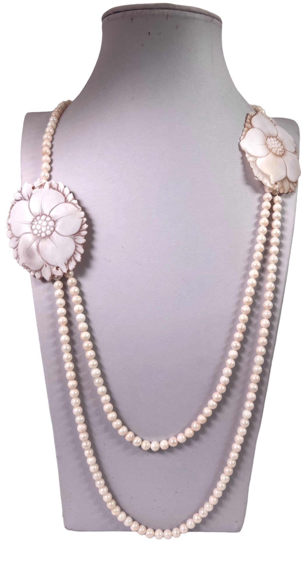 Three Strand Pearl Necklace with Flower Cameo