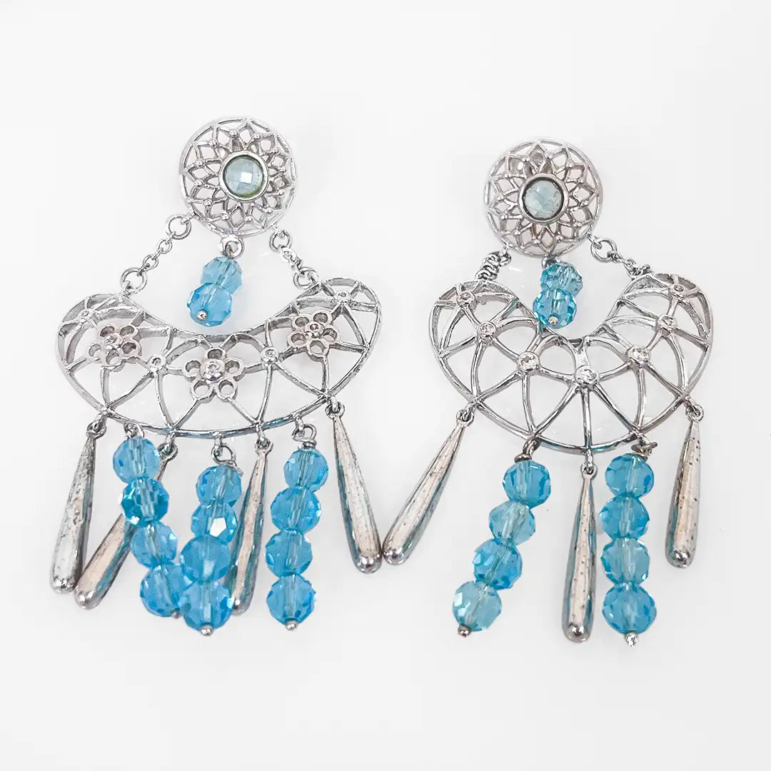 Stylized Silver Earrings with Crystals