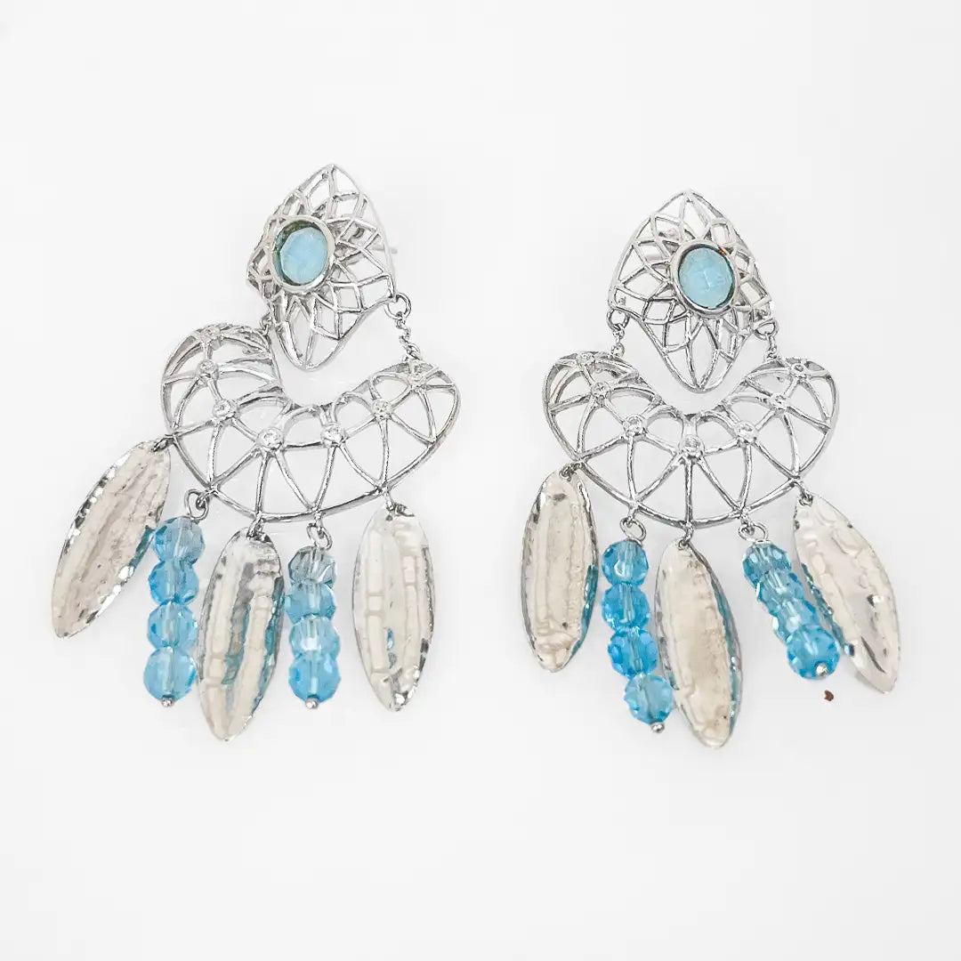 Stylized Silver Earrings with Crystals