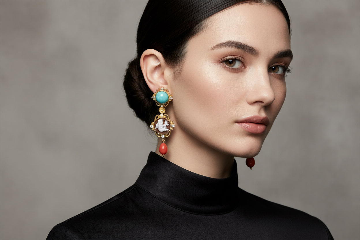 Orecchini in Cammeo Corallo e Turchese incisione "Putto"