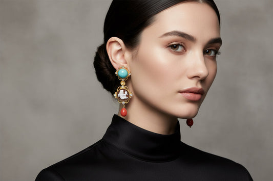 Orecchini in Cammeo Corallo e Turchese incisione "Putto"