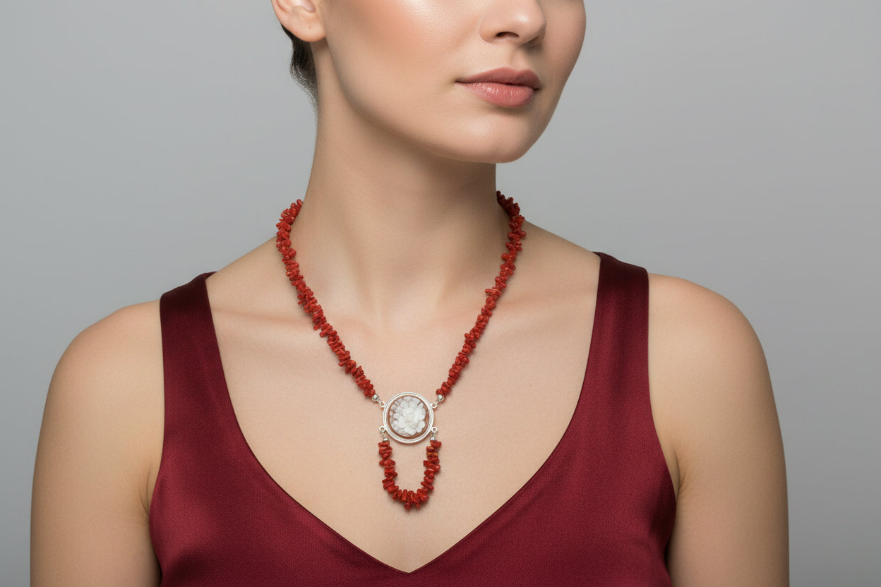 Collana Corallo e Cammeo incisione "Fiore"
