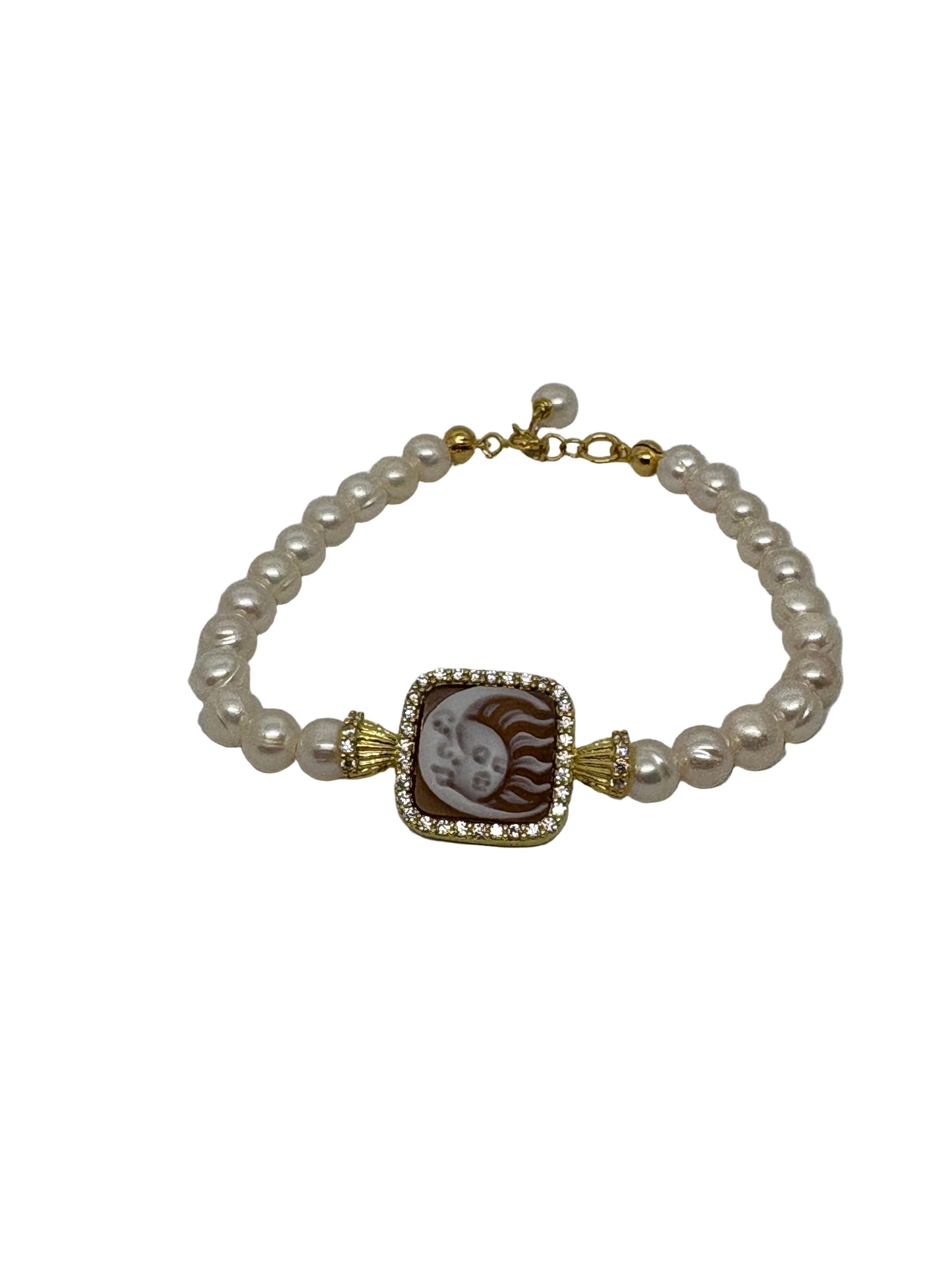 Bracciale in Perle e  Cammeo Incisione "Sole Luna"