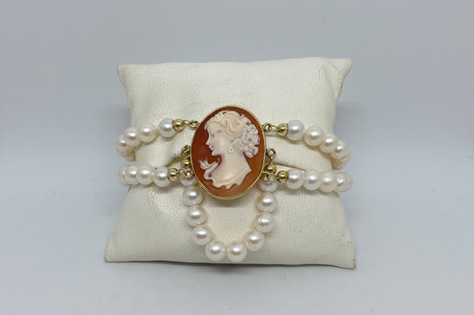 Bracciale in Perle e Cammeo incisione "Profilo di Donna"