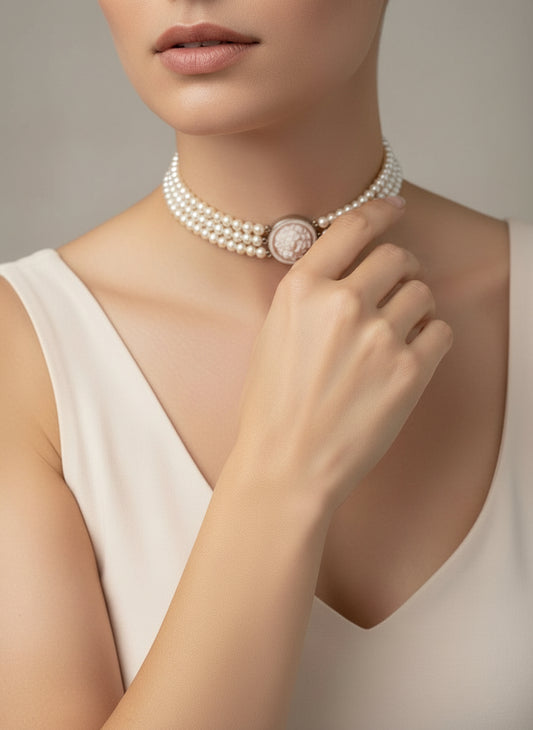 Girocollo in Perle e Cammeo incisone “Fiore”