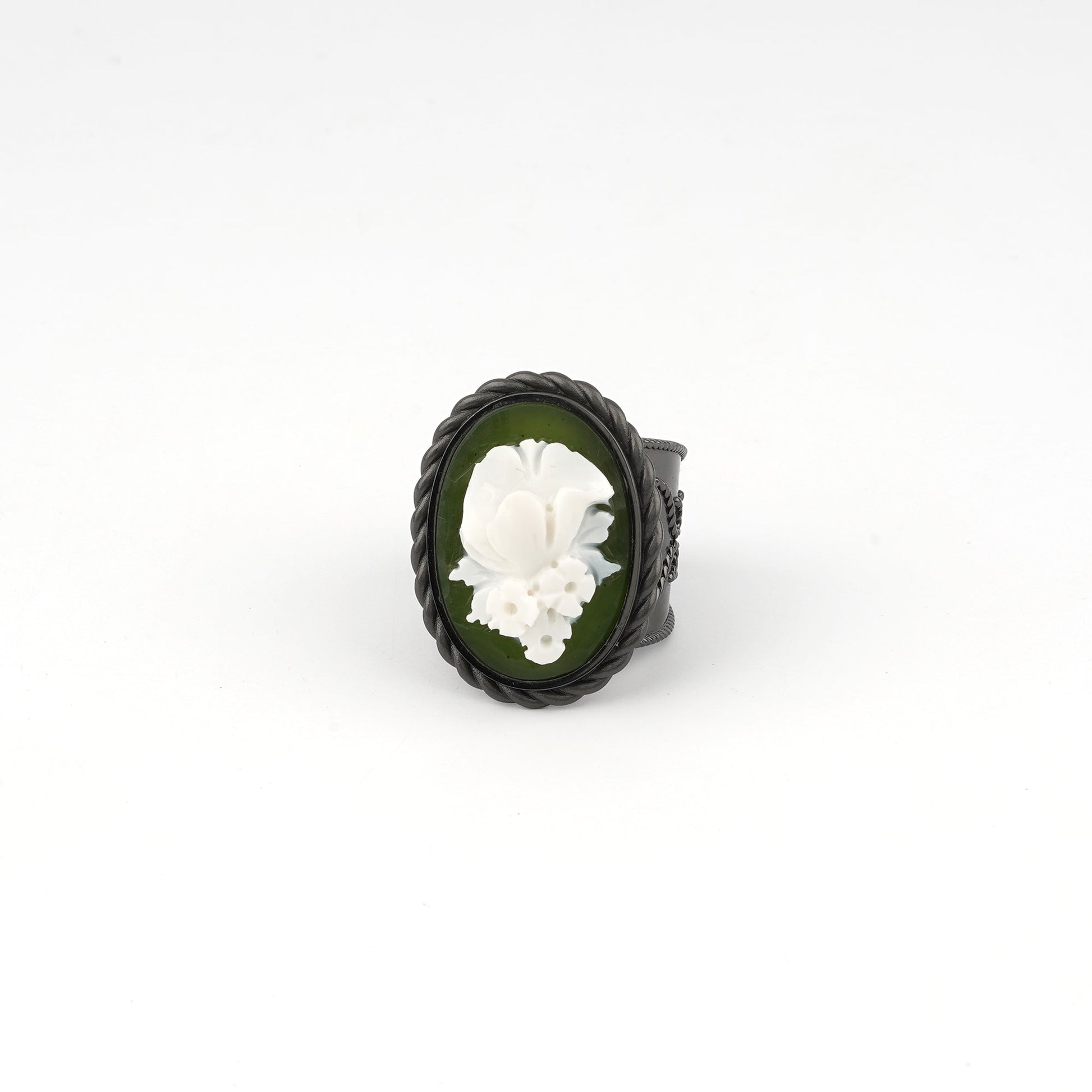 Anello-Cameo-Italiano-Raffaello-Cammeo-Bouquet-Rodio-Nero