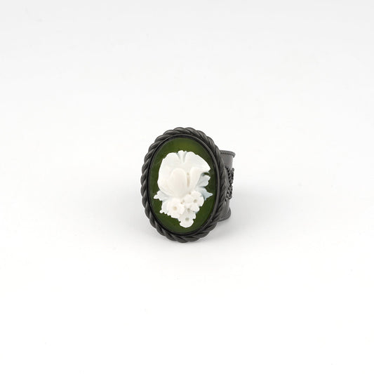 Anello-Cameo-Italiano-Raffaello-Cammeo-Bouquet-Rodio-Nero