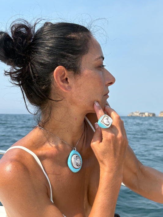 Anello in Cammeo e Pasta di Turchese Sole e Luna
