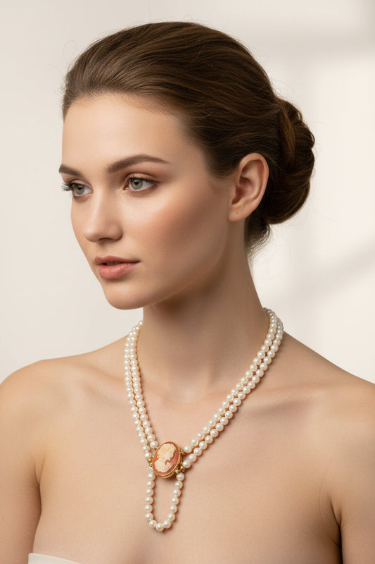 Collana in Perle e Cammeo incisione "Profilo di Donna"