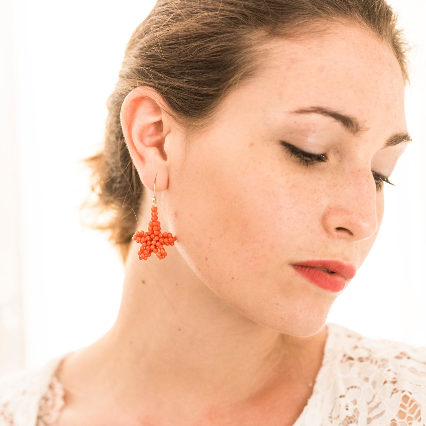 Star-Shaped Coral Drop Earrings in Fabric