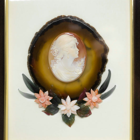 Antique cameo picture on carnelian stone and coral flowers