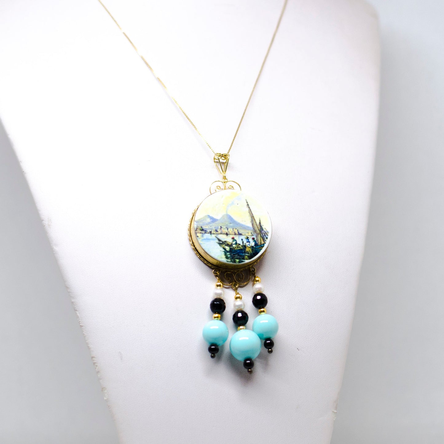 Hand painted agate and turquoise paste pendant