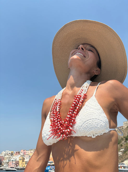 6 Strand Pearl and Coral Necklace