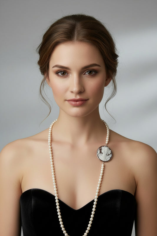 Collana in Perle e Cammeo incisione "Donna con Colomba"