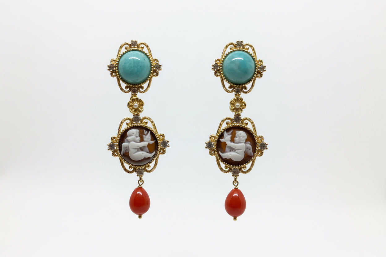 Orecchini in Cammeo Corallo e Turchese incisione "Putto"