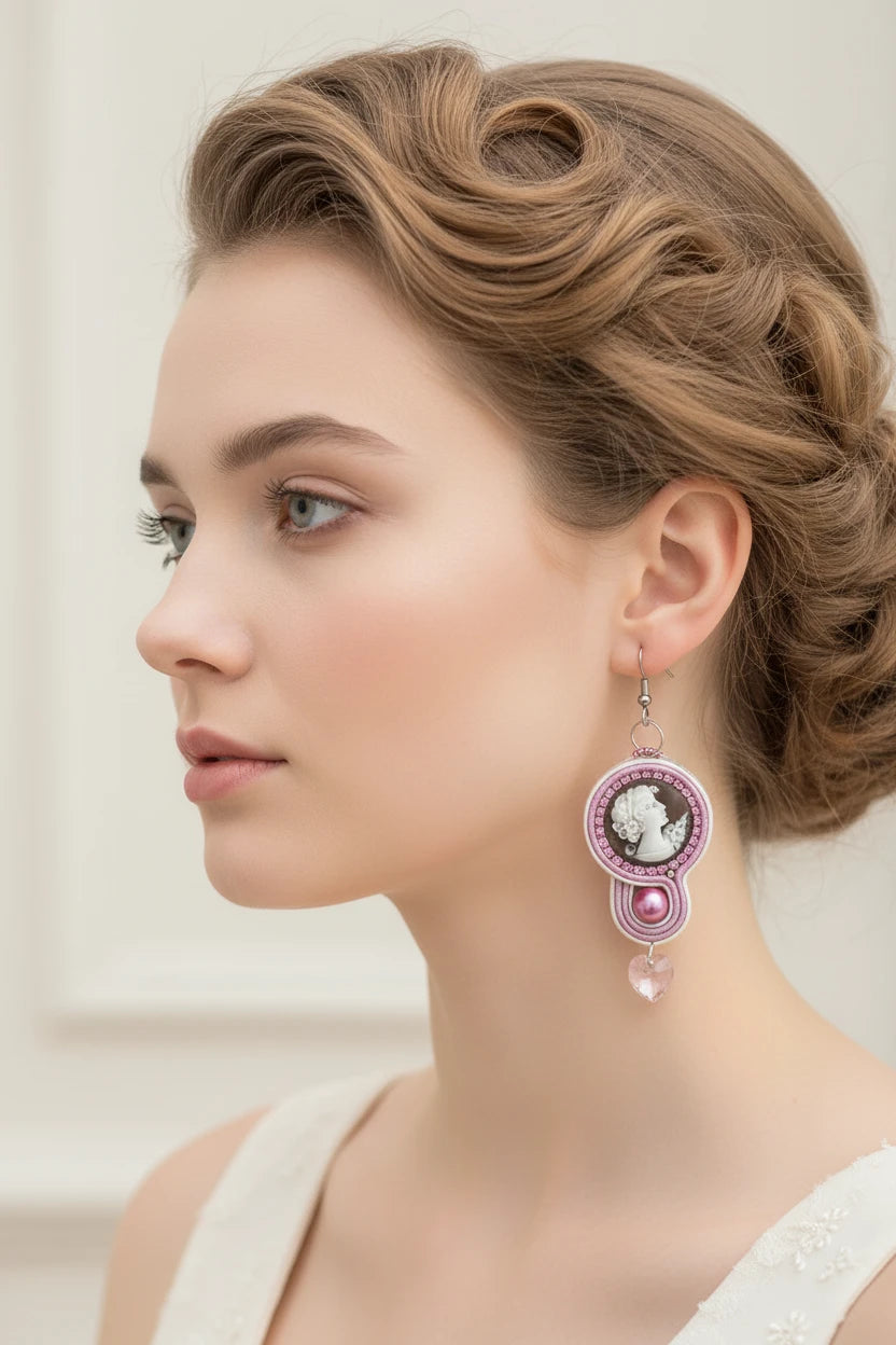 Soutache Earrings with Cameo Profile Woman