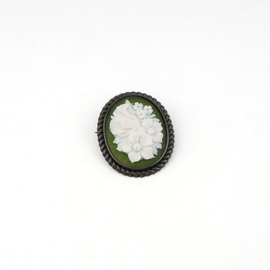 Spilla-Pendente-Cameo-Italiano-Raffaello-Cammeo-Bouquet-Rodio-Nero