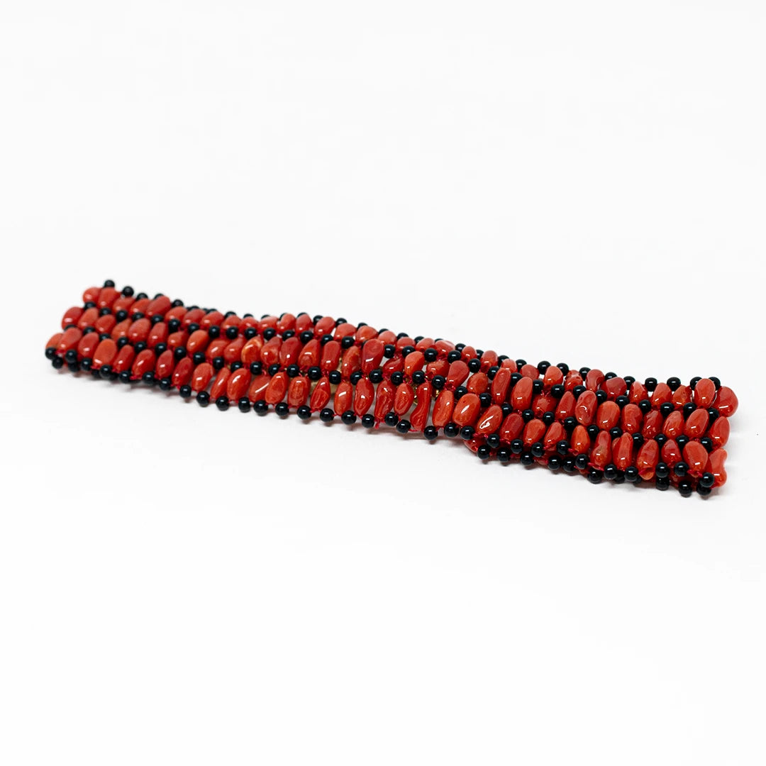 Red Coral and Onyx Woven Bracelet