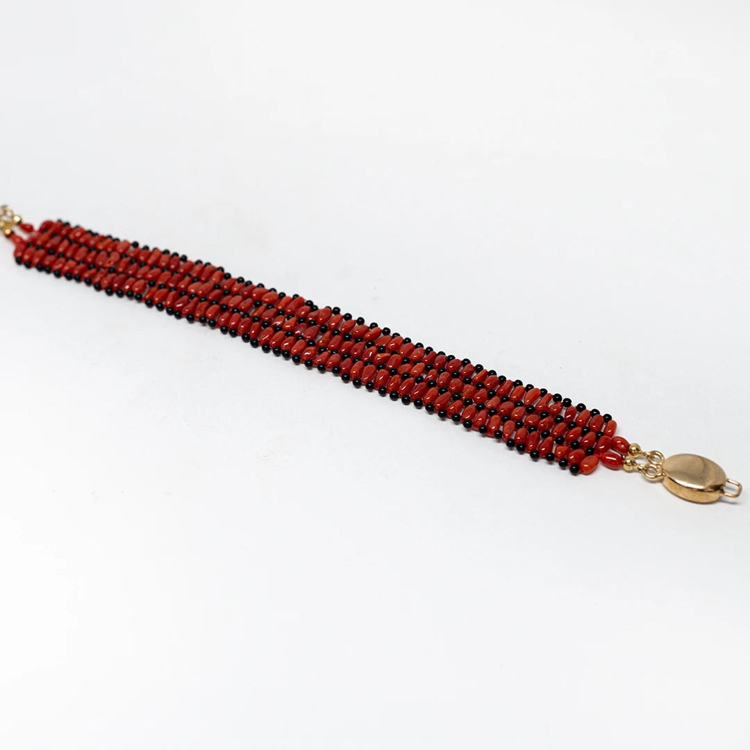 Red Coral and Onyx Woven Bracelet