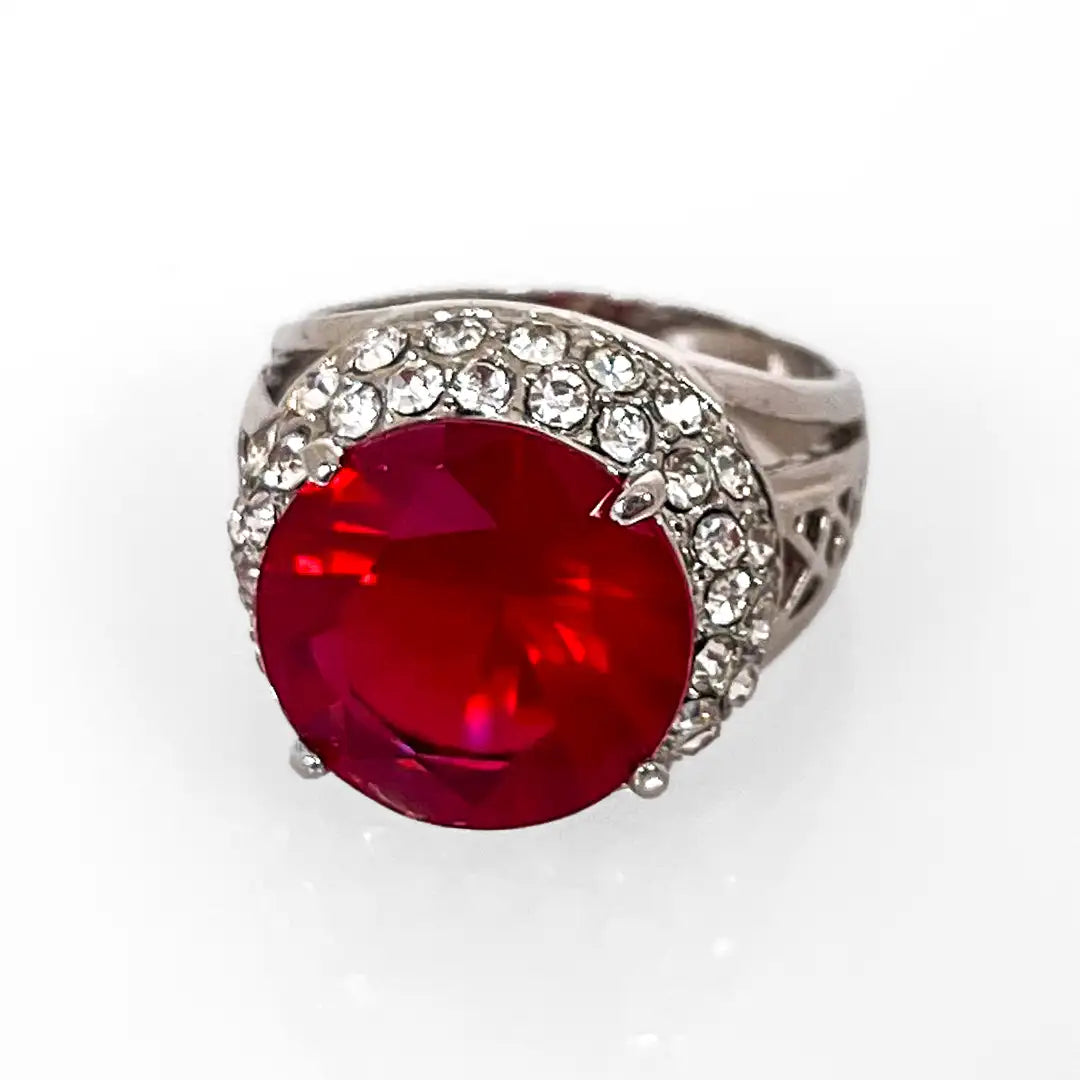 Silver Ring with Red Stone and Zircons 